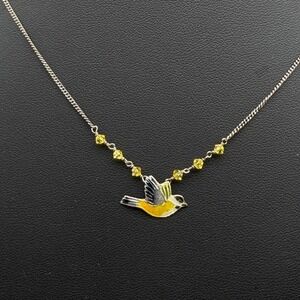 Sterling Silver Enamel Bird Pendant Station Yellow Crystals Chikadee Necklace